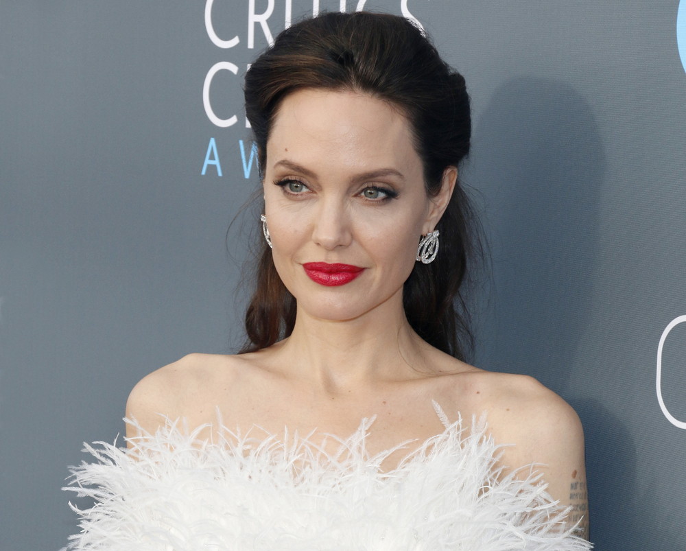 Angelina Jolie stands at a red carpet event wearing a white feathered dress. 