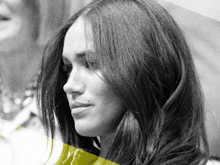 Black and white close up of Meghan Markle