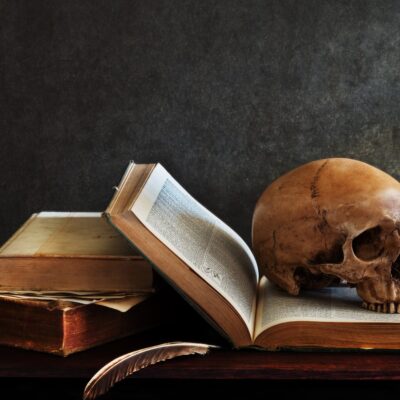 Photo of a human skull sitting on an open book