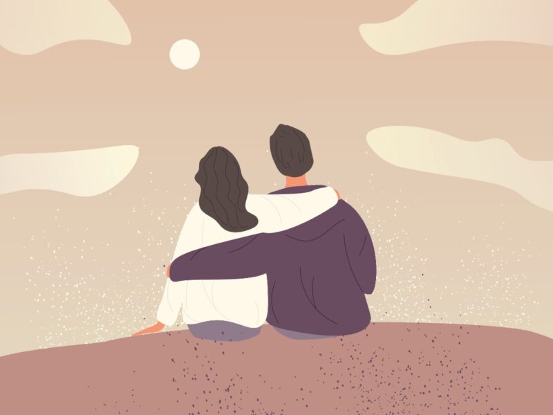 Illustration of a couple with arms around each other looking at the sky