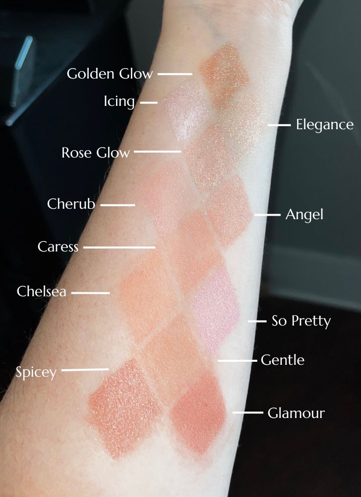 Swatches of 12 different Daniel Sandler Watercolour blushes and illuminators