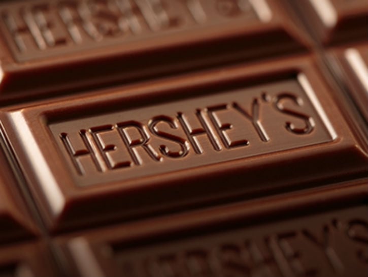 Close up of a classic Hershey's chocolate bar sans wrapper. 