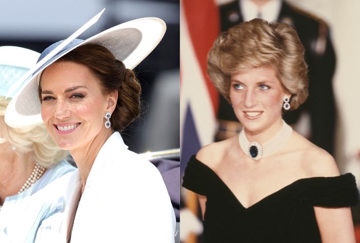 Side by side images of Kate Middleton and Princess Diana wearing double-drop sapphire earrings. 