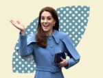 Kate Middleton waves in powder blue coat against cream and blue-patterned backdrop