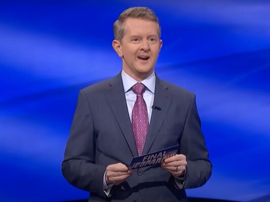 Ken Jennings looking happily surprised during a Final Jeopardy round