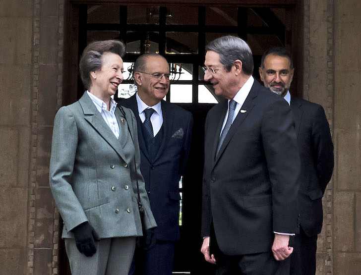 Princess Anne smiling and talking with President Nicos Anastasiades of Cyprus