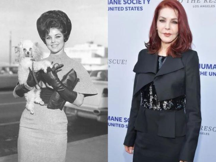 Priscilla Presley as a young woman and in 2019