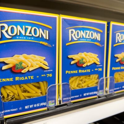 stock photo of Ronzoni pasta boxes on a grocery store shelf