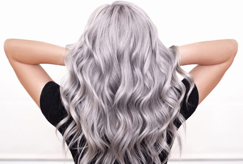 Back of a woman's head showcasing, long, curled silver hair.