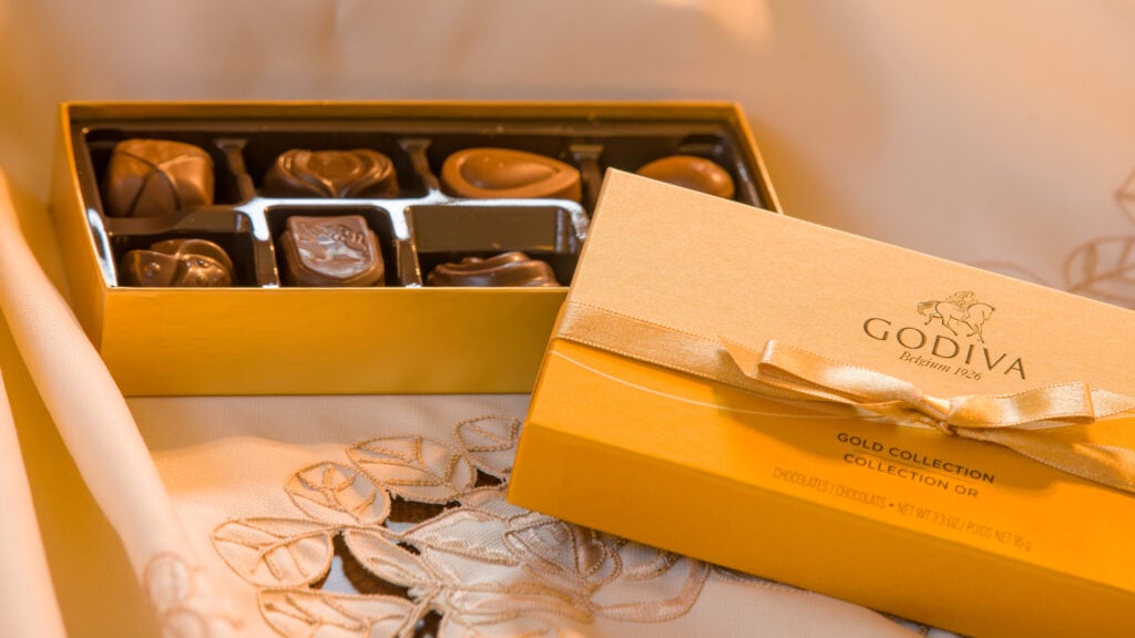 Open box of Godiva chocolates.
