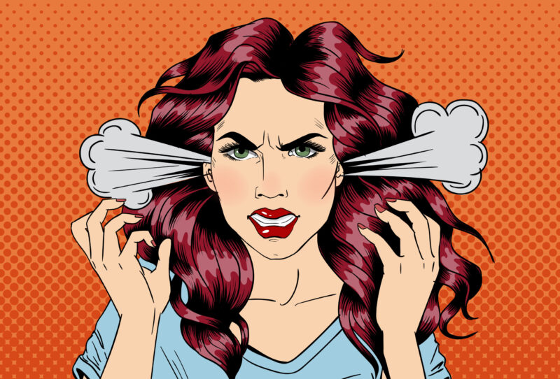 Pop art style illustration of an enrage woman with steam coming out of her ears.