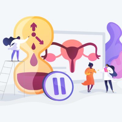 Cartoon female patient and doctors stand in front of cartoon menopause-related images like a uterus