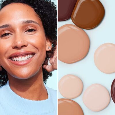 Side-by-side images of a model wearing the Tula Serum Skin Tinted Sunscreen and dollops of the skin tint in a variety of skin tones