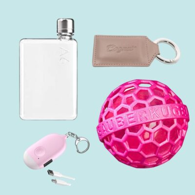 A flask, purse magnet, purse ball cleaner, and purse alarm on a blue background