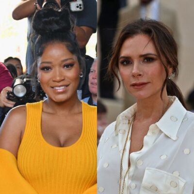 side by side photos of Keke Palmer smiling in a yellow dress and Victoria Beckham in a white blouse