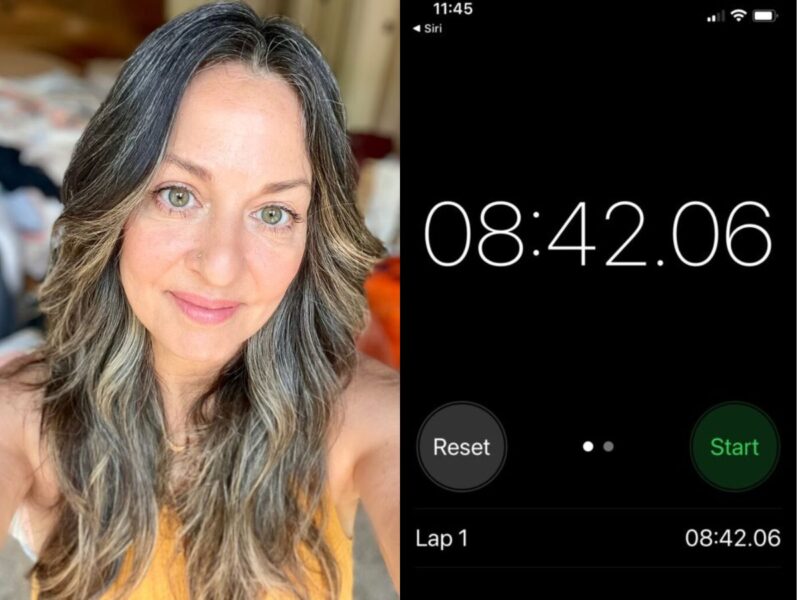 Left: natural makeup on middle-aged woman; right: timer that reads 8 minutes and 42 seconds