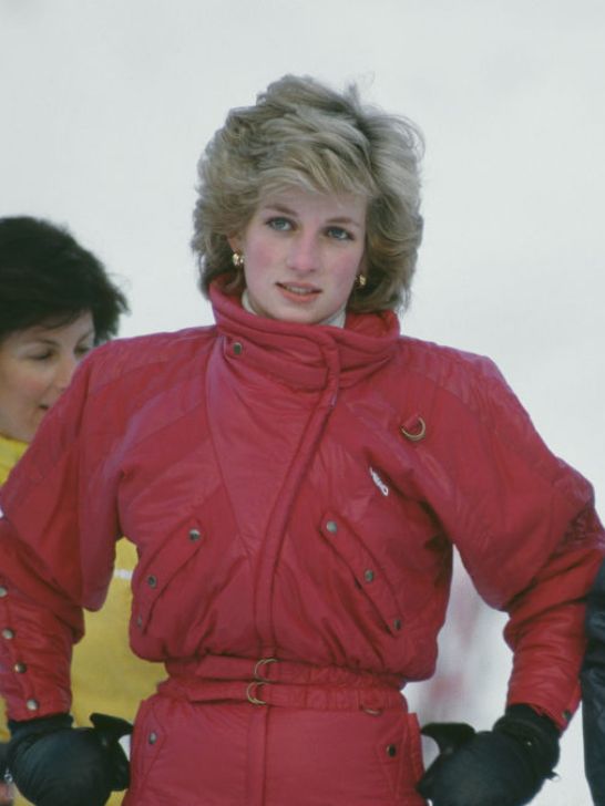 Princess Diana on ski trip in red puffer coat
