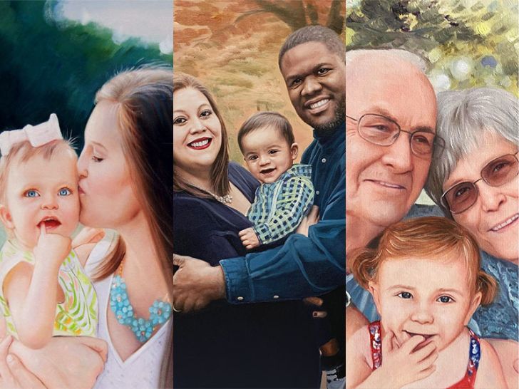 From left to right: woman and baby, family with mom, dad, and baby, and two older grandparents and baby