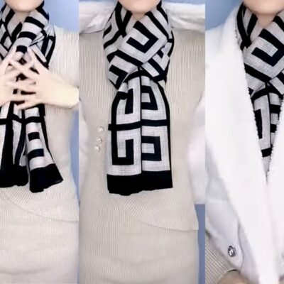 Different stages of tying a scarf