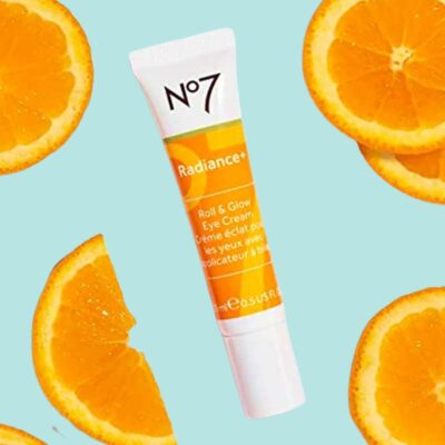 No7 radiance+ roll & glow eye cream surrounded by orange slices