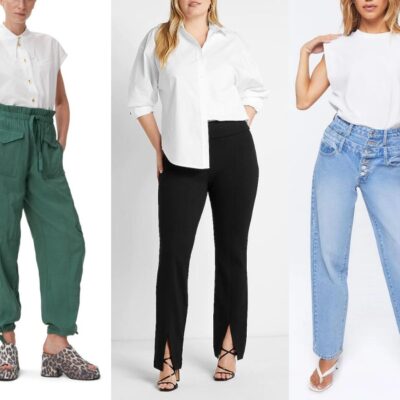 Cargo pants from Ganni, split hem pants from Express, and double waist jeans from Forever 21