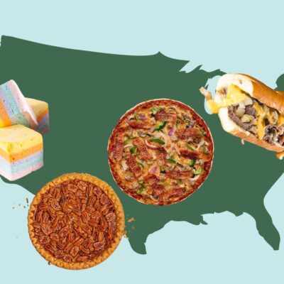 US map with various local foods in different areas