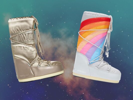 A pair of silver and a pair of rainbow Moon Boots