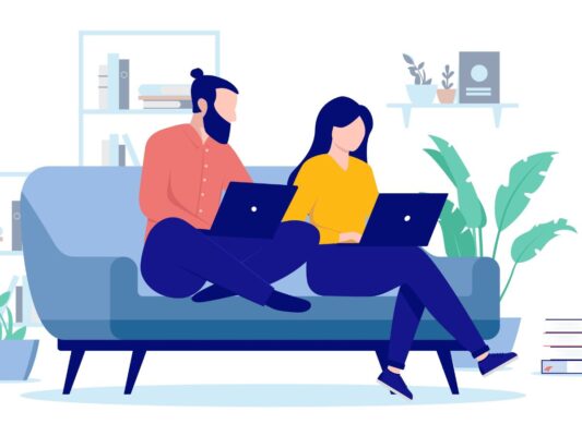 Illustration of couple sitting on couch, working from home on laptops together