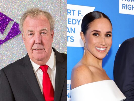 side by side close ups of Jeremy Clarkson in a black suit and Meghan Markle in a white dress