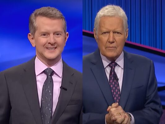 side by side close ups of Ken Jennings and Alex Trebek hosting Jeopardy!