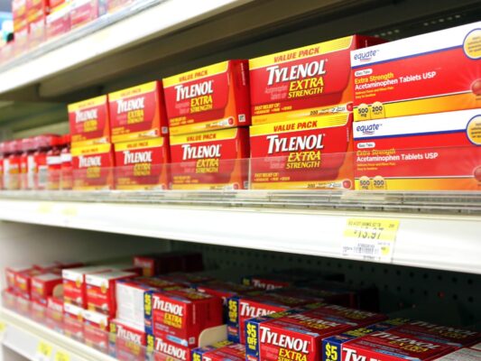Tylenol boxes on store shelves