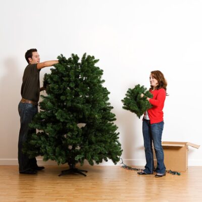Couple assembling an artificial Christmas tree