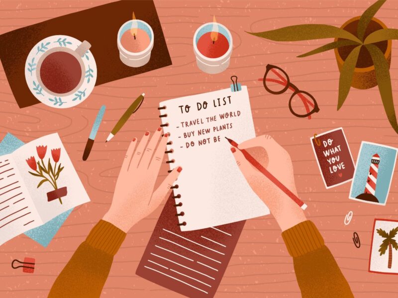 Illustration of someone writing a to-do list surrounded by glasses, candles, and tea