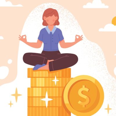Cartoon woman meditating on top of a stack of gold coins