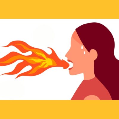 Illustration of a woman sweating and breathing fire