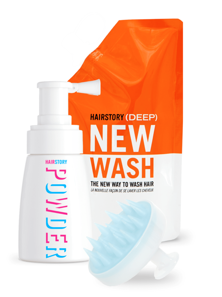 Product image of New Wash Deep Kit with bag of New Wash, bottle of refresh powder, and a scalp brush.
