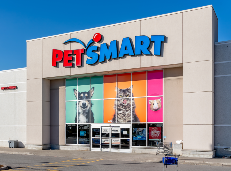 External photo of Petsmart store with empty sidewalk and parking lot