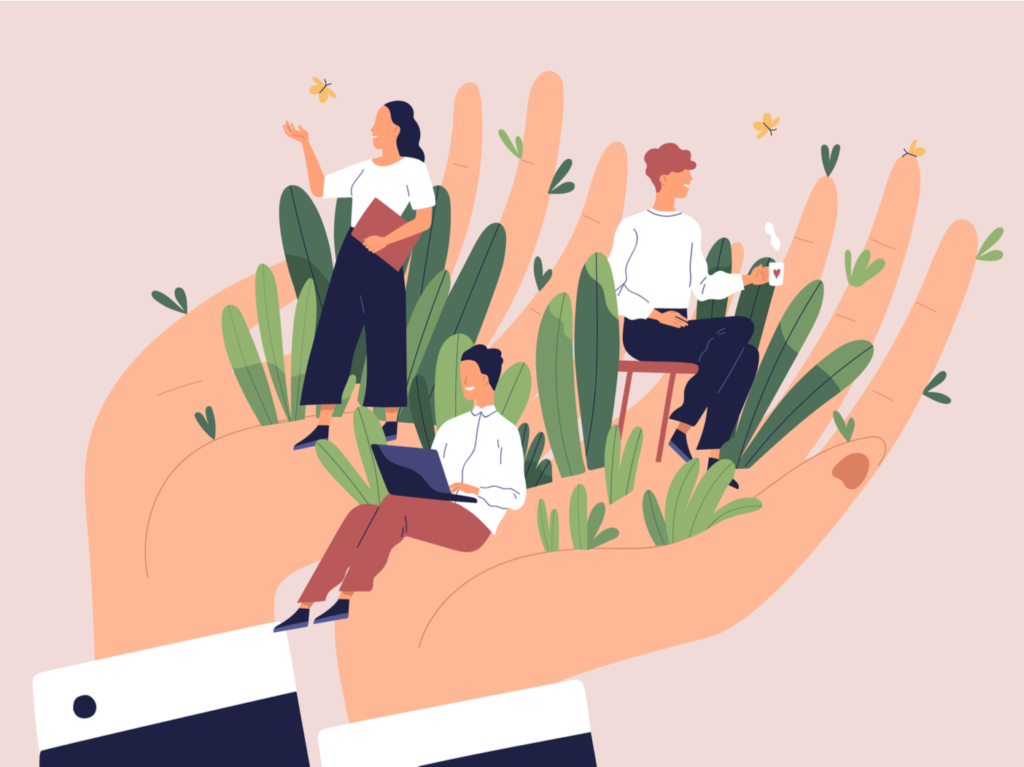 Giant hands holding tiny office workers. Concept of employee care, wellbeing at work or workplace, perks and benefits for personnel, support of professional growth.