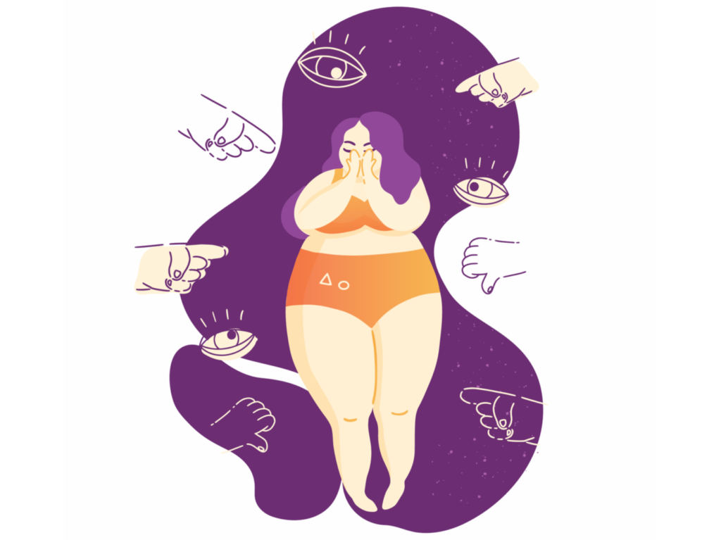Sad young woman cartoon standing with many fingers pointing at her. Fat shaming, bullying concept