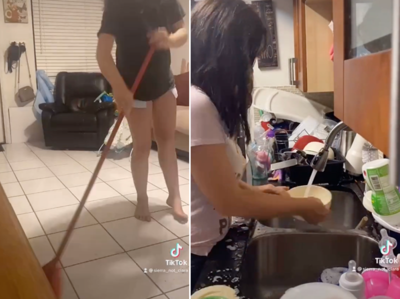 Screengrabs of TikToker sweeping the floor and doing dishes