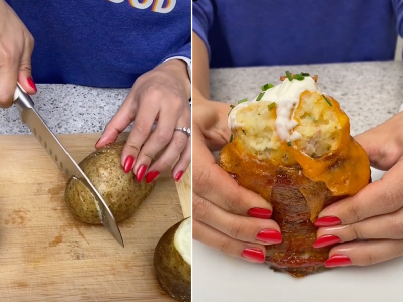 side by side screen grabs of the shaba kitchen making bacon-wrapped volcano potatoes