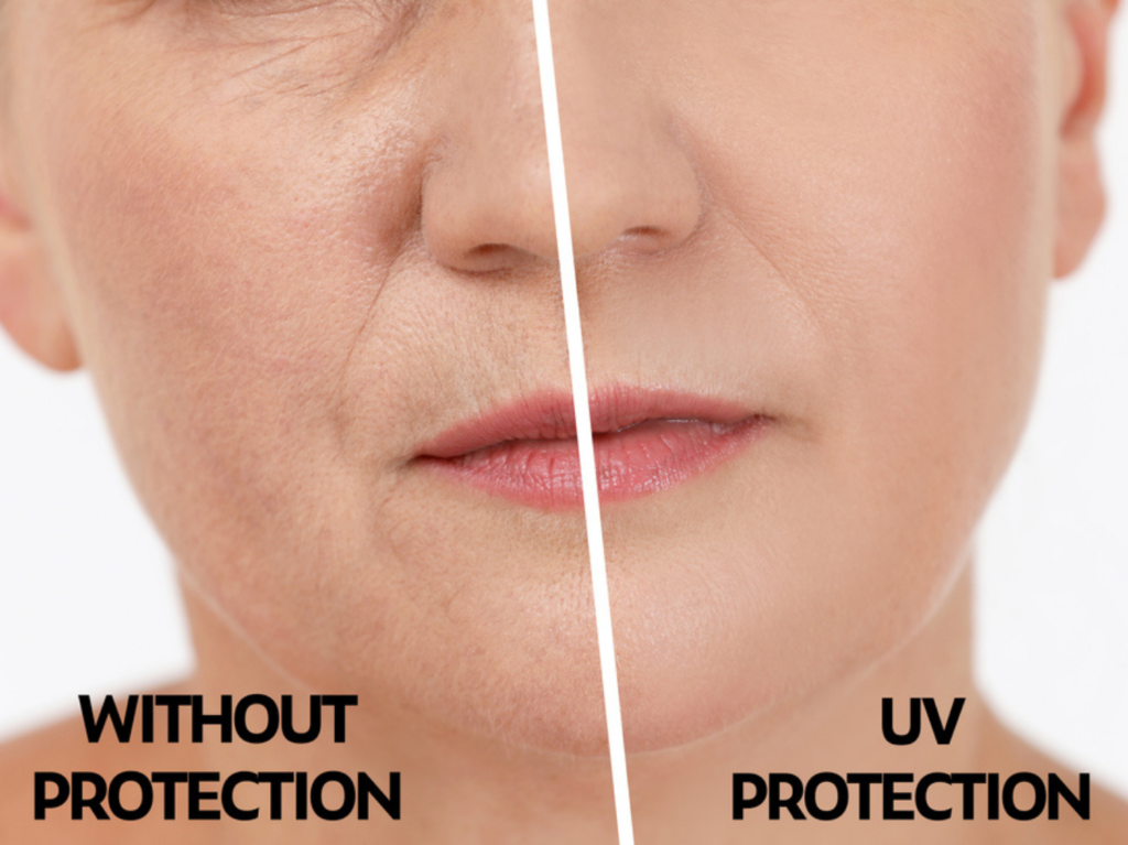 Women's face with and without UV protection, sun damage, photodamage