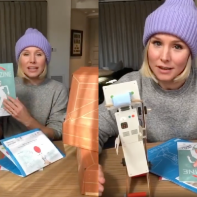 Kristen Bell displays elements of her KiwiCo TInker Box
