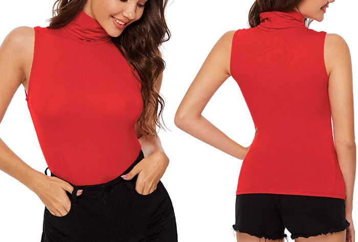 Red high-neck sleeveless turtleneck blouse