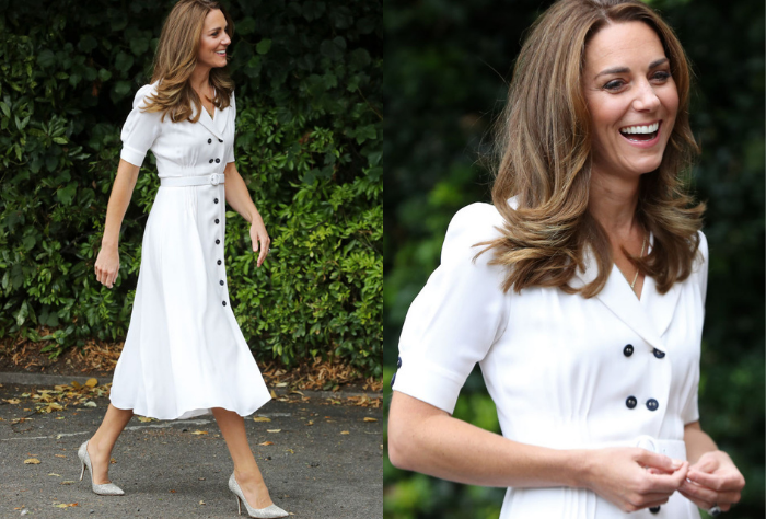 Kate Middleton in a white puff sleeved dress and neutral high heels