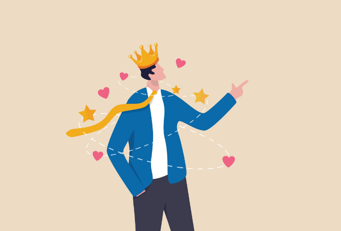 Man wearing crown surrounded by hearts and stars