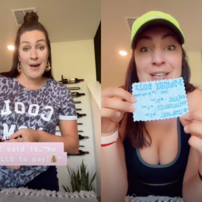 Side by side screen grabs from @craftedandcozy TikTok videos explaining charging her son bills