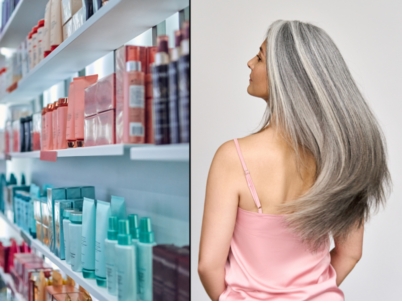 An image of hair products in a store and an image of an older woman with long, thick hair